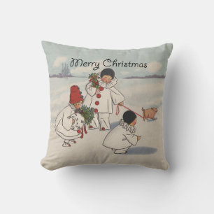 Vintage Christmas Snow Children Pig Throw Pillow