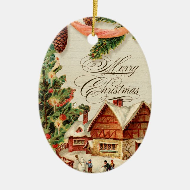 Vintage Christmas Snow Skating Custom Ornament (Front)