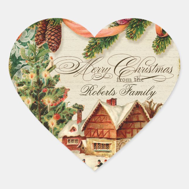 Vintage Christmas Snow Skating Personalized Card Heart Sticker (Front)