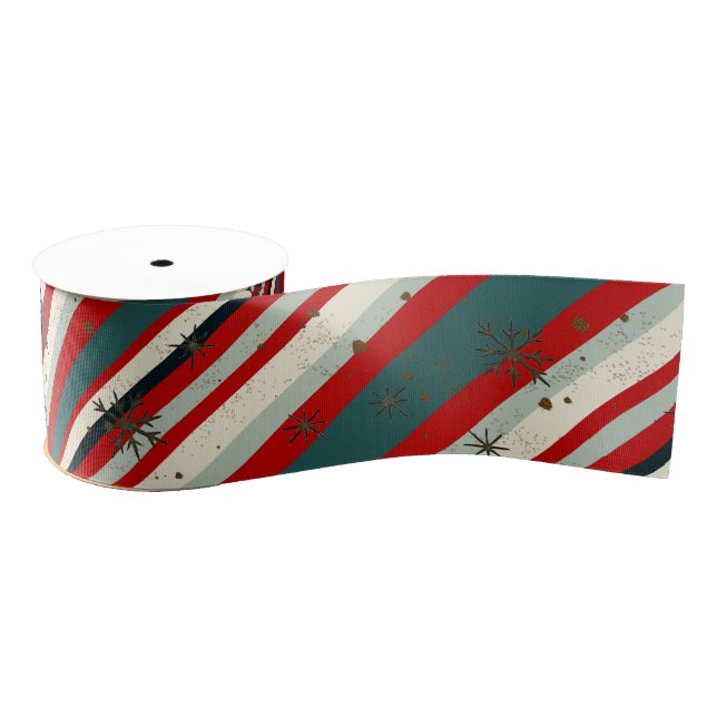Vintage Christmas Snowflake Speckled Stripes Grosgrain Ribbon (Spool)