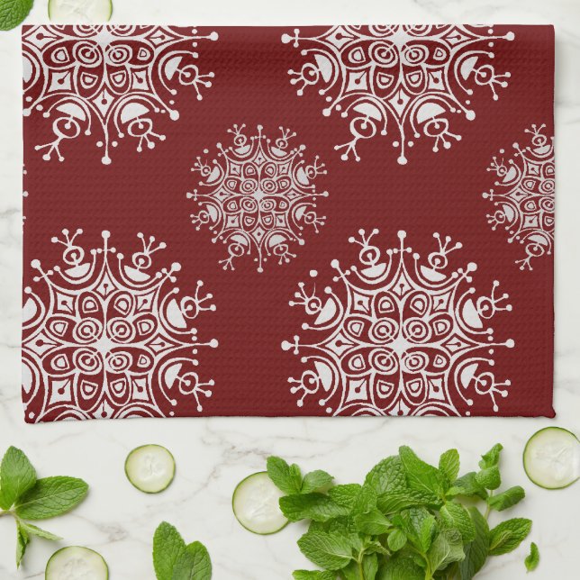 Vintage Christmas Snowflakes Red Blizzard Pattern Kitchen Towel (Folded)