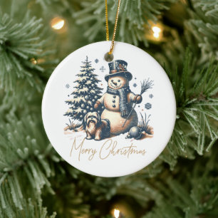 Vintage Christmas Snowman and Dog Ceramic Ornament