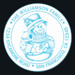 Vintage Christmas SnowMan Blue Ink Return Address  Classic Round Sticker<br><div class="desc">Christmas family round return address sticker with your name and address in blue ink stylish typography with a pretty hand drawn vintage Christmas snowman on a white background. Simply add your name and address. Exclusively designed for you by Happy Dolphin Studio. If you need any help or matching products please...</div>