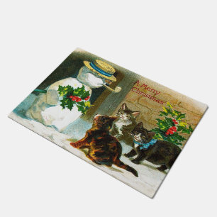 Vintage Christmas snowman cats doormat