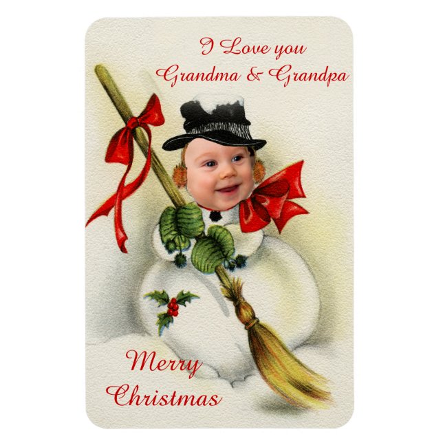 Vintage Christmas Snowman Custom Photo Magnet (Vertical)