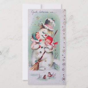 Vintage Christmas Snowman holding Angels Holiday Card