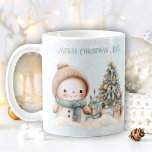 Vintage Christmas Snowman Name Text Blue Snowy Mug<br><div class="desc">Cute mug with a lovely vintage snowman with Christmas tree on the blue snowy background and your own text - Kate Eden Art</div>