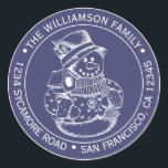 Vintage Christmas SnowMan Navy Blue Return Address Classic Round Sticker<br><div class="desc">Christmas family round return address sticker with your name and address in stylish typography with a pretty hand drawn vintage Christmas snowman on a navy blue background. Simply add your name and address. Exclusively designed for you by Happy Dolphin Studio. If you need any help or matching products please contact...</div>