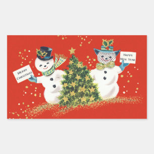 Vintage Christmas Snowman Rectangle Stickers