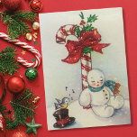 Vintage Christmas Snowman Sleeping By Candy Cane Holiday Card<br><div class="desc">Cute Retro Vintage Christmas Snowman Sleeping By Large Candy Cane In The Snow While Bird Sings Holiday Card.</div>