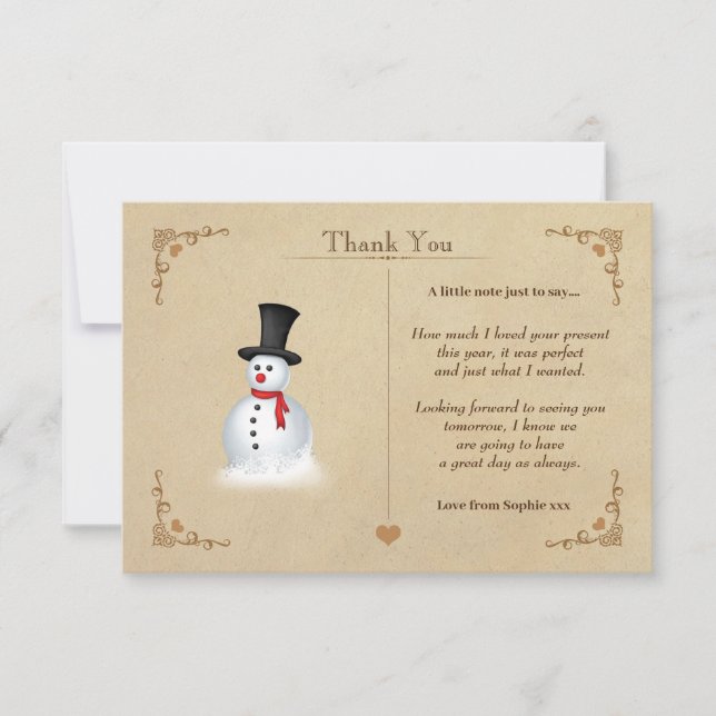 Vintage Christmas Snowman Thank You Note Card (Front)