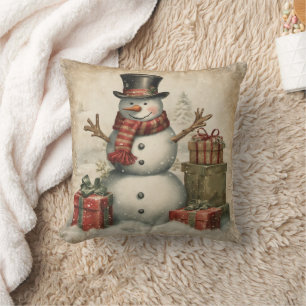 Vintage Christmas Snowman Throw Pillow