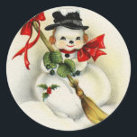 Vintage Christmas Snowman With a Broom Classic Round Sticker<br><div class="desc">Vintage Snowman With a Broom.</div>