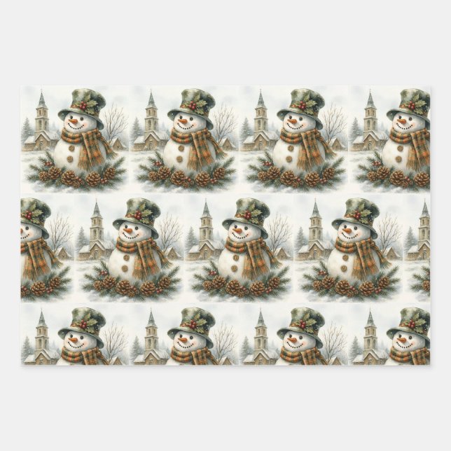 Vintage Christmas Snowman Wrapping Paper Sheet (Front 2)