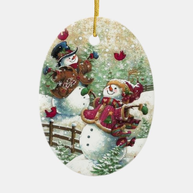 Vintage Christmas Snowmen Ceramic Ornament (Front)