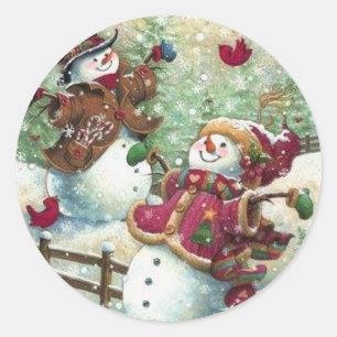 Vintage Christmas Snowmen Classic Round Sticker