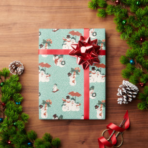 Vintage Christmas Snowmen Family with Aqua BG Wrapping Paper