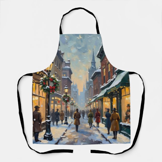 Vintage Christmas Snowy City Street Scene Apron (Front)