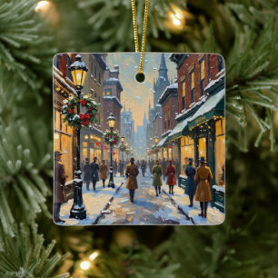 Vintage Christmas Snowy City Street Scene Ceramic Ornament