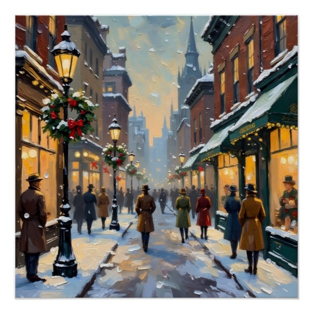 Vintage Christmas Snowy City Street Scene Poster (Front)