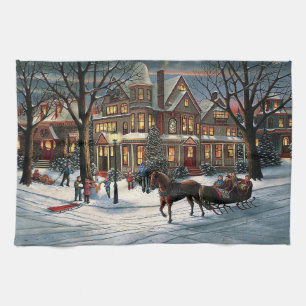 Vintage Christmas snowy landscape Kitchen Towel