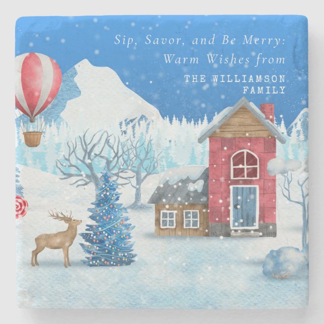 VINTAGE CHRISTMAS SNOWY TOWN ELK PERSONALIZED  STONE COASTER (Front)