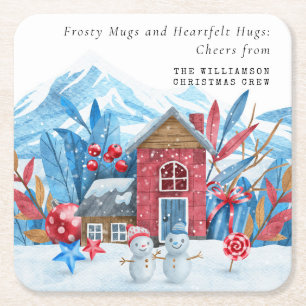 VINTAGE CHRISTMAS SNOWY TOWN SNOWMEN PERSONALIZED  SQUARE PAPER COASTER