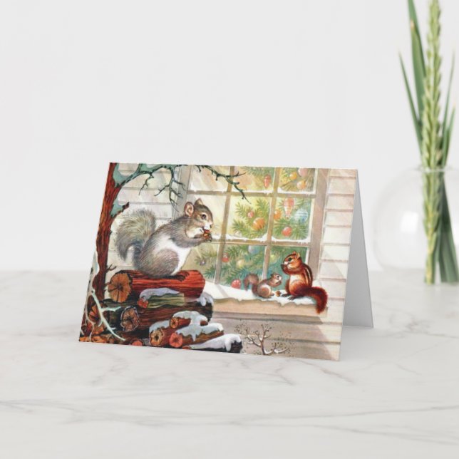 Vintage Christmas Squirrel Holiday Card (Front)