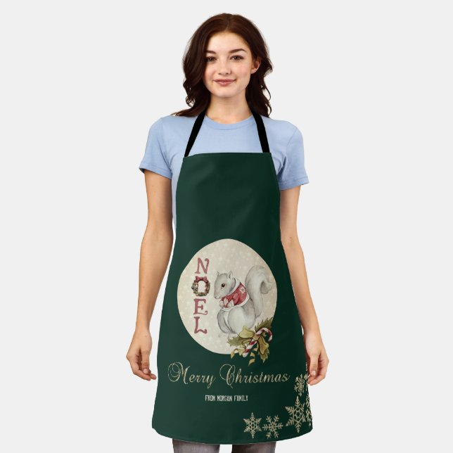Vintage Christmas Squirrel, Snowflakes Apron (Worn)