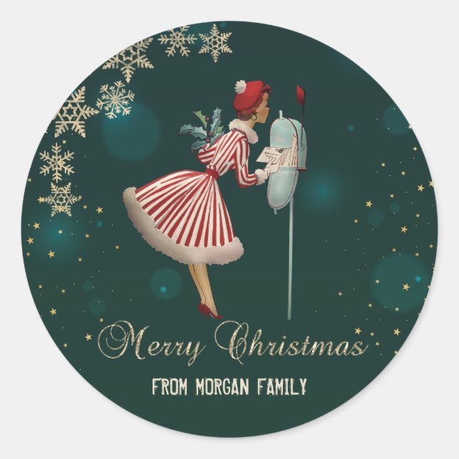 Vintage Christmas Squirrel, Snowflakes  Classic Round Sticker (Front)