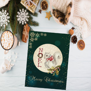 Vintage Christmas Squirrel, Snowflakes Holiday Card