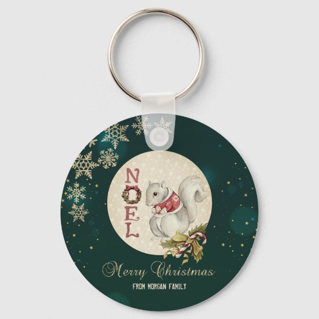 Vintage Christmas Squirrel, Snowflakes  Keychain (Front)