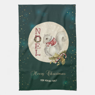 Vintage Christmas Squirrel, Snowflakes   Kitchen Towel