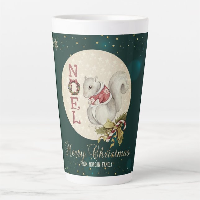 Vintage Christmas Squirrel, Snowflakes Latte Mug (Front)