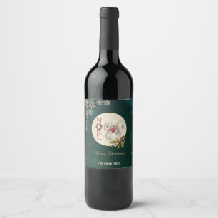 Vintage Christmas Squirrel, Snowflakes   Wine Label