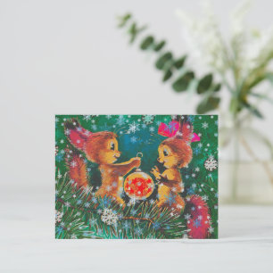 Vintage Christmas Squirrels Holiday Postcard