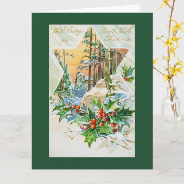Vintage Christmas Star and Holly Holiday  Card (Yellow Flower)