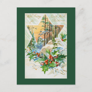 Vintage Christmas Star and Holly Holiday Postcard