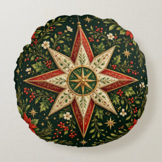 Vintage Christmas Star Ornament Poinsettia Holly Round Pillow