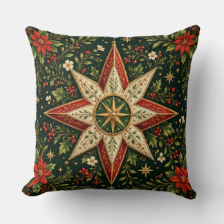 Vintage Christmas Star Ornament Poinsettia Holly Throw Pillow