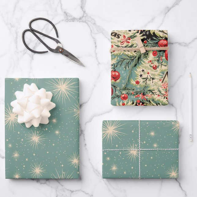Vintage Christmas Starbursts Soft Blue Wrapping Paper Sheet (Front)