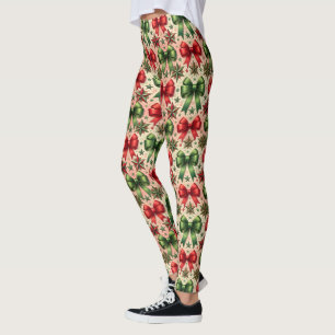 Vintage Christmas Stars and Bows Pattern Leggings