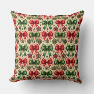 Vintage Christmas Stars and Bows Pattern Throw Pillow