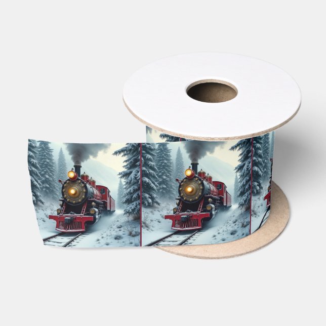Vintage Christmas Steam Locomotive Satin Ribbon (Spool)