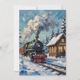 Vintage Christmas Steam Train at Snowy Station Holiday Card