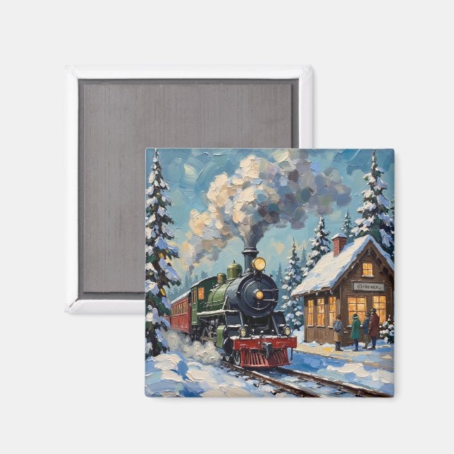 Vintage Christmas Steam Train at Snowy Station Magnet (Front/Back)