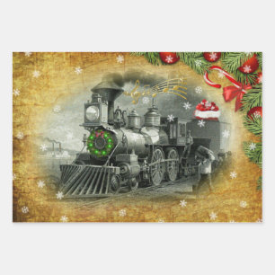 Vintage Christmas Steam Train Wrapping Paper Sheet