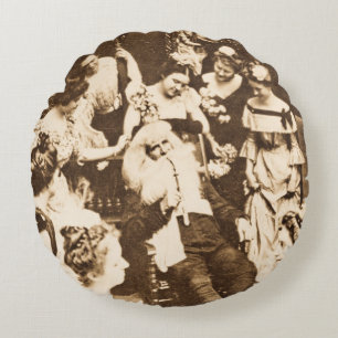 Vintage Christmas Stereoview Santa and the Ladies Round Pillow