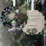 Vintage Christmas Still Life with Roses and Urn Ornament Card<br><div class="desc">Artistic rendering of an old master-style oil on canvas floral still life featuring white blooms,  dusty grey-green foliage,  glass baubles,  pine branches and holly berries in an ornate ceramic urn. Back features complementary floral graphic and editable text on an artisan sepia background.</div>