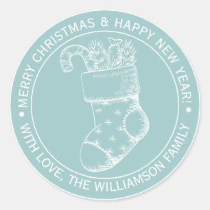 Vintage Christmas Stocking Holiday Wishes Blue Classic Round Sticker